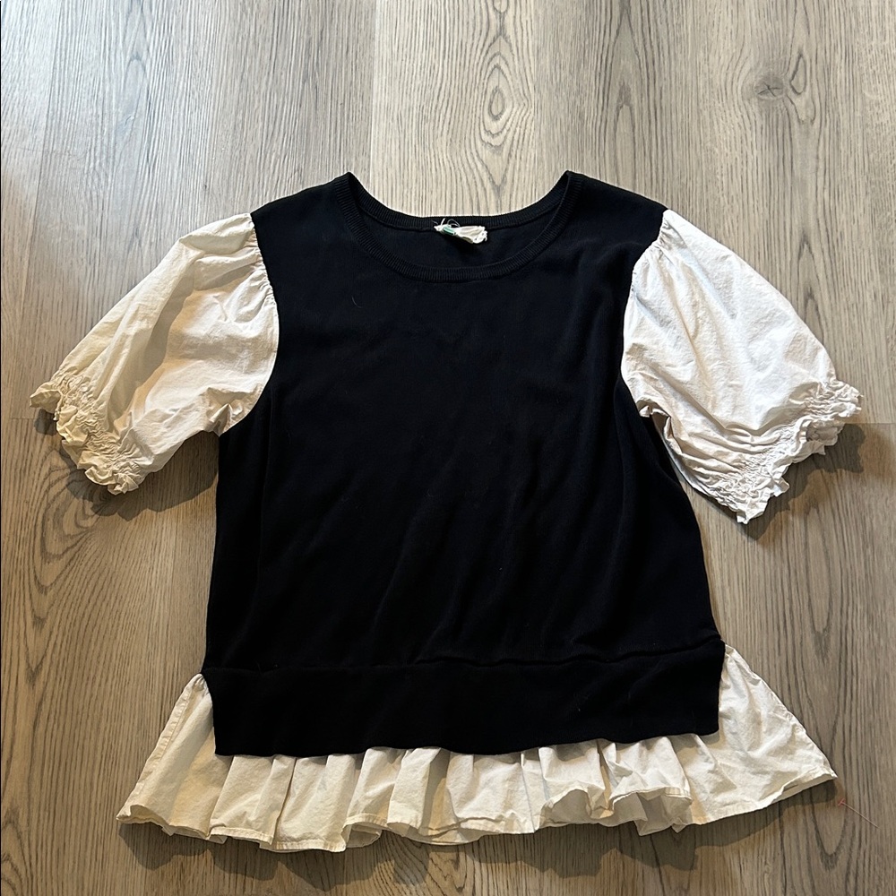 Anthropologie Layered Poplin Sleeve Sweater Black and White Size 3X